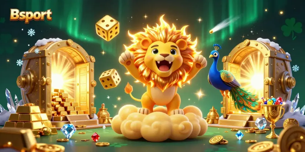Experience thrilling wins at Bsport with a vibrant 3D illustration showcasing excitement and rich casino elements.