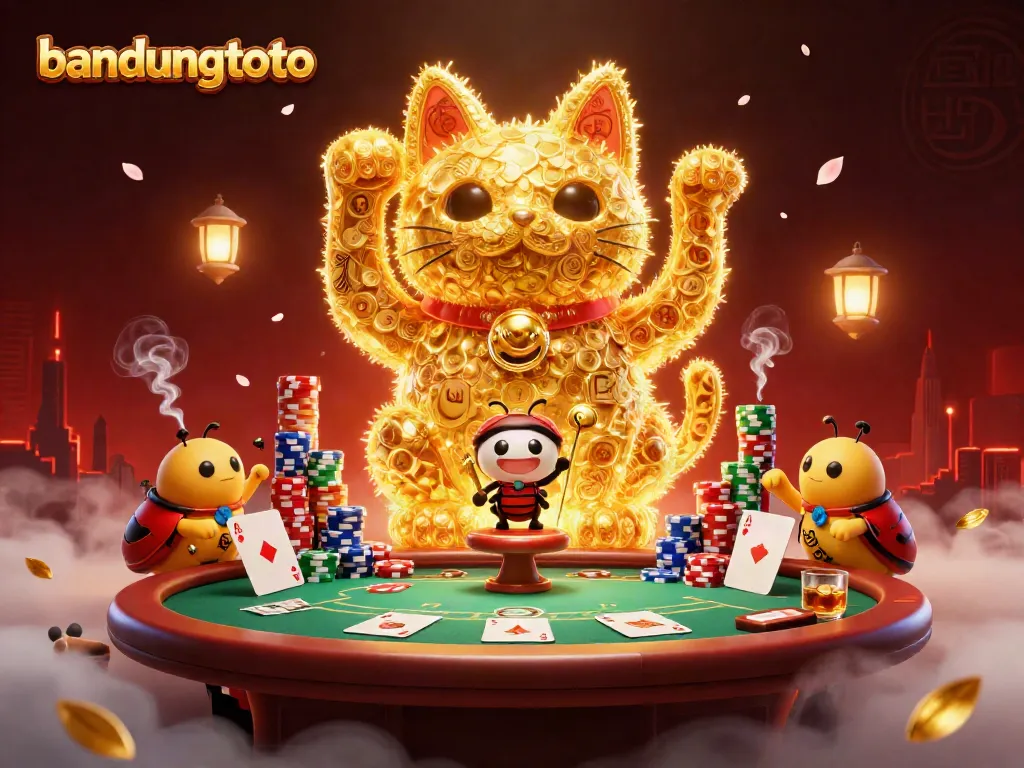 Engage with Bandungtoto's vibrant casino world featuring a giant lucky cat made of golden fireflies.