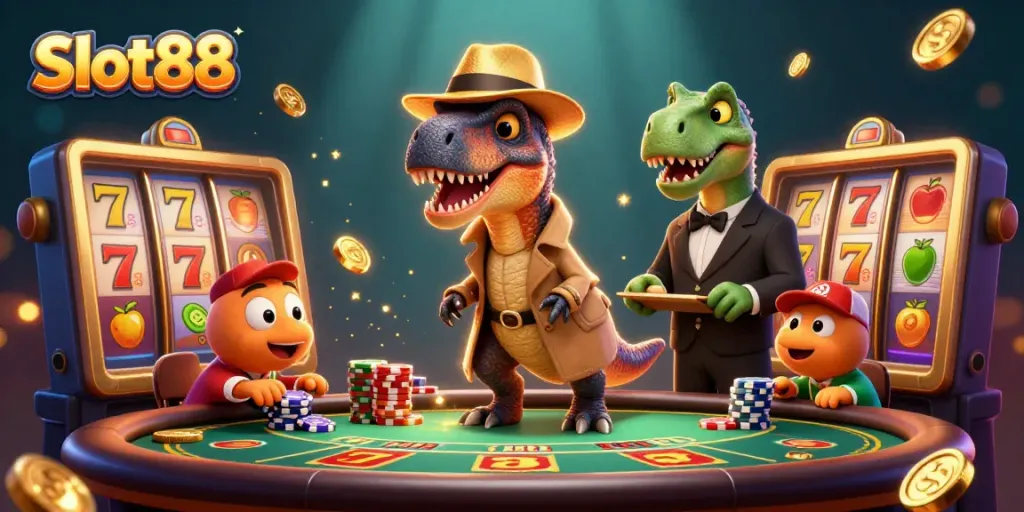 Catch the excitement of Slot88 with this vibrant 3D illustration featuring a velociraptor at the blackjack table.