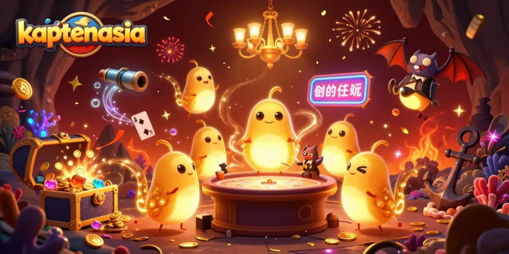 Experience the excitement at kaptenasia with a vibrant 3D casino illustrated scene featuring glowworms and a bat dealer.