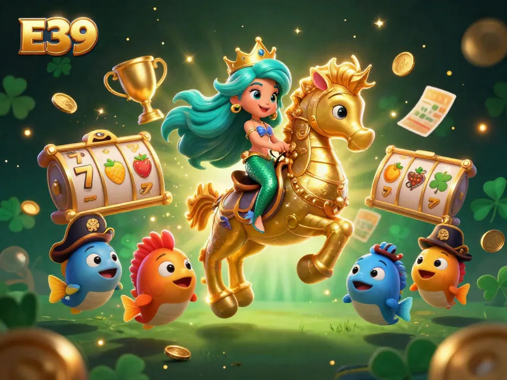 Experience thrilling wins at E39 with a vibrant 3D casino illustration featuring a mermaid princess and dynamic game elements.