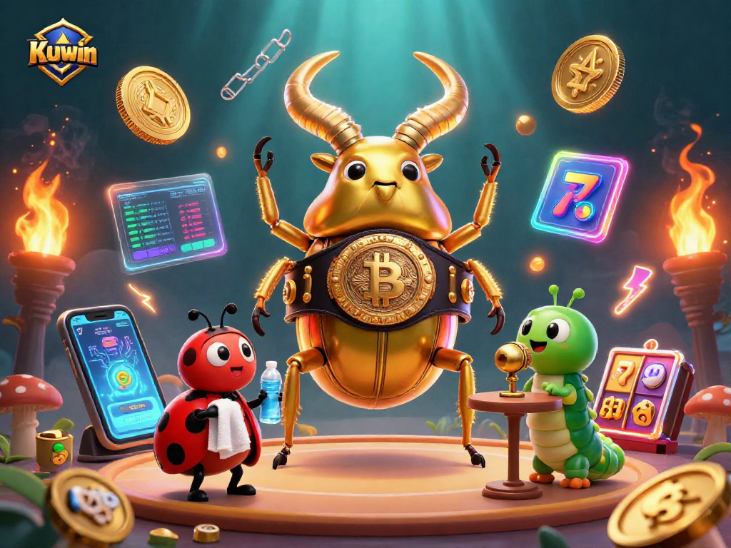 Kuwin showcases a vibrant 3D illustration featuring a golden stag beetle in a boxing match with crypto coins and slot elements.