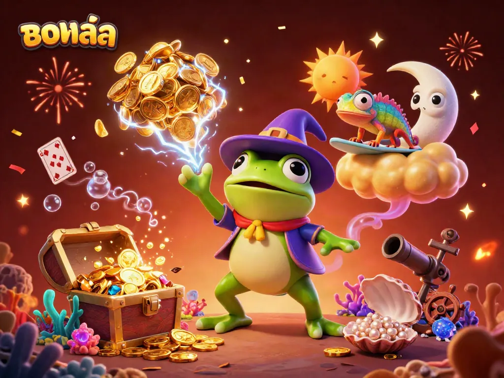 Experience the thrill of บอลสด with a vibrant 3D scene of a wizard frog and chameleon amidst golden coins.