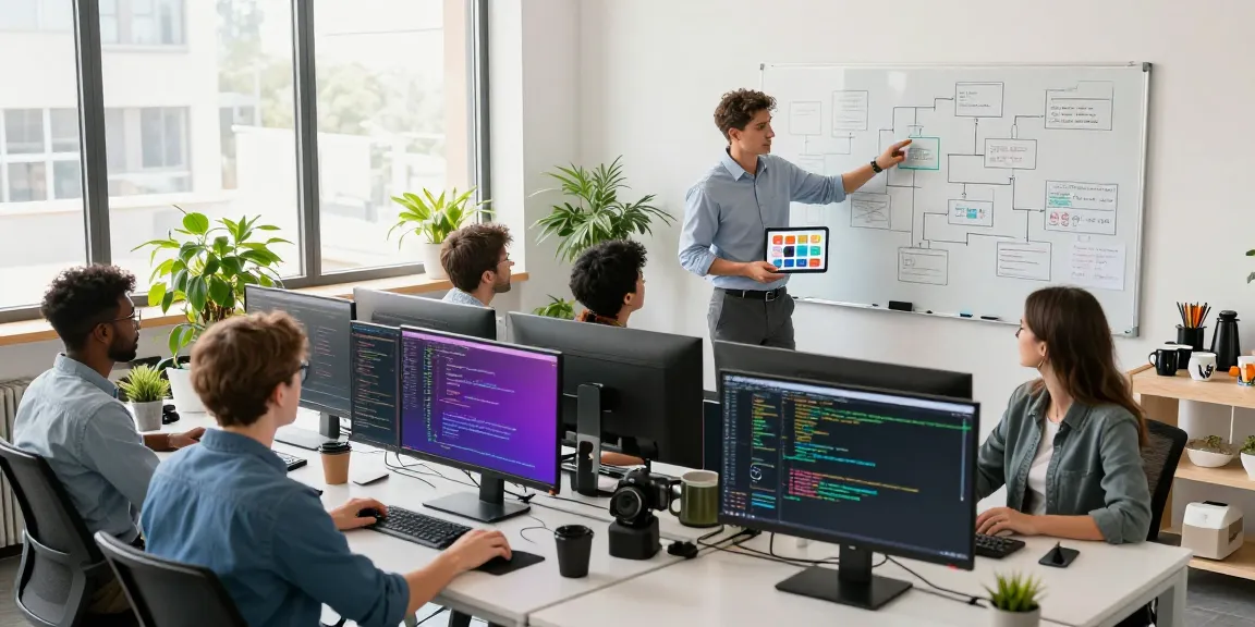 Tim pengembang bekerja sama di kantor modern dengan layar menampilkan kode PG server.