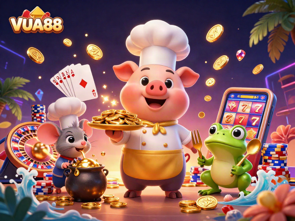 Bet on excitement with VUA88's vibrant casino illustration featuring slots and games.