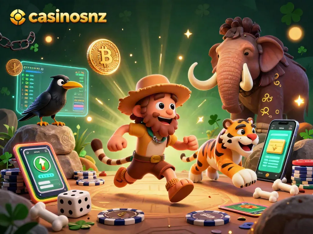Engage with casinosnz in a vibrant 3D prehistoric casino setting featuring exciting gaming elements.
