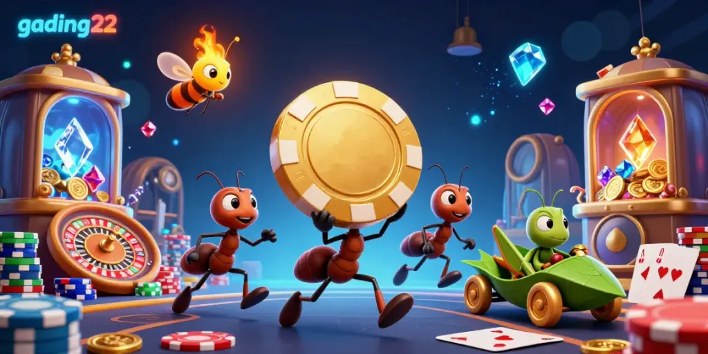 Join gading22's lively casino adventure as ants heist golden poker chips amid roulette wheels and sparkling treasures.