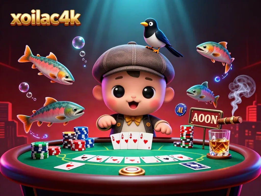 Experience the fun of gambling with xoilac4k through a vibrant 3D cartoon scene packed with poker elements.