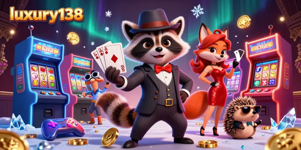 Experience thrilling gameplay with luxury138 at this vibrant casino scene featuring a suave raccoon and friends.