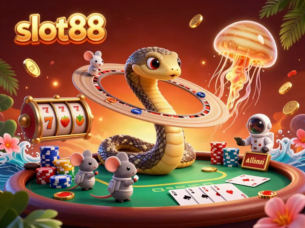Place bets and enjoy thrilling slot88 games amidst cosmic gaming chaos featuring vibrant characters.