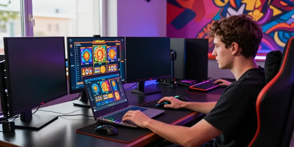 PESGSLOT gaming setup with player enjoying vibrant slot games on a laptop.