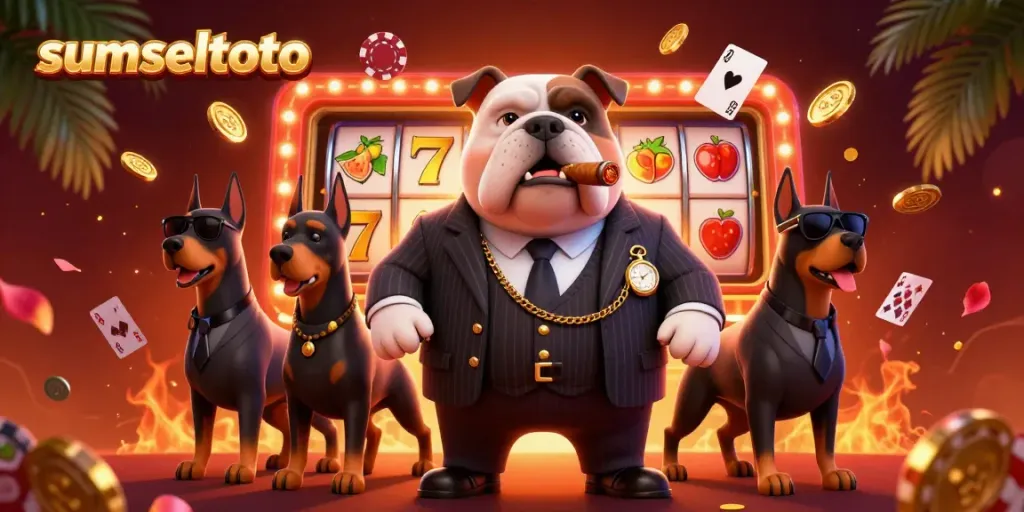 Experience the thrill of sumseltoto with a buzzing casino scene featuring a mafia bulldog and glowing slot elements.