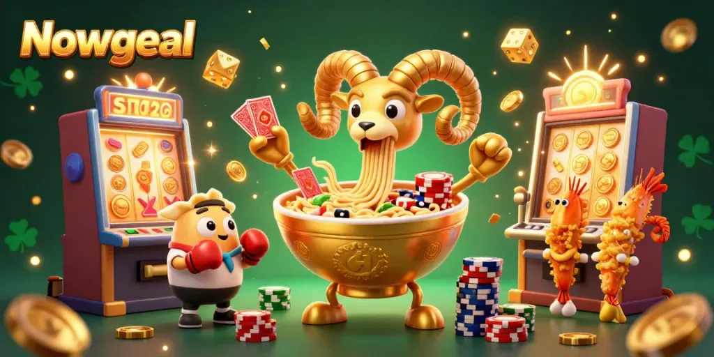 Nowgoal brings excitement with a lively casino scene featuring a giant ramen bowl and vibrant game elements.