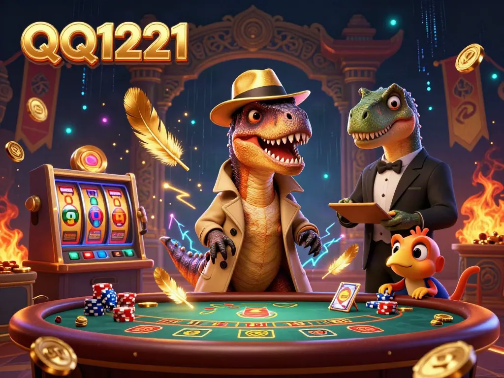 Engage in thrilling slots action with QQ1221 as a cartoon velociraptor plays blackjack under watchful eyes.