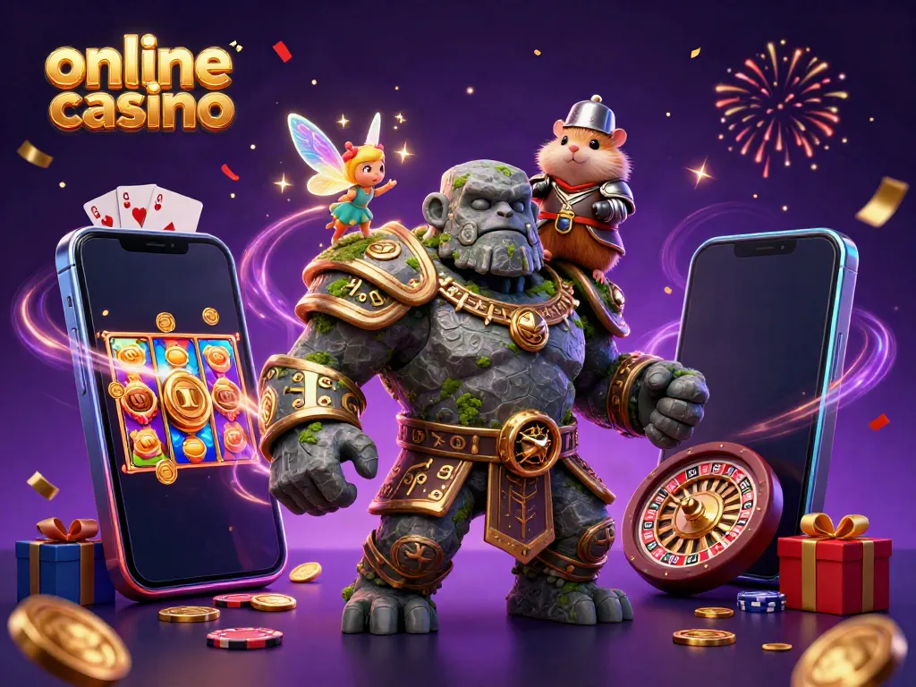 Engage with the enchanting online casino world featuring a golem guardian, fairy, and hamster knight.
